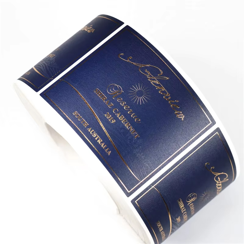 Custom Printed UV In-Stock Gold Foil Embossed Logo Premium Adhesive Textured Paper Sticker | Glass Wine Bottle Label Sticker