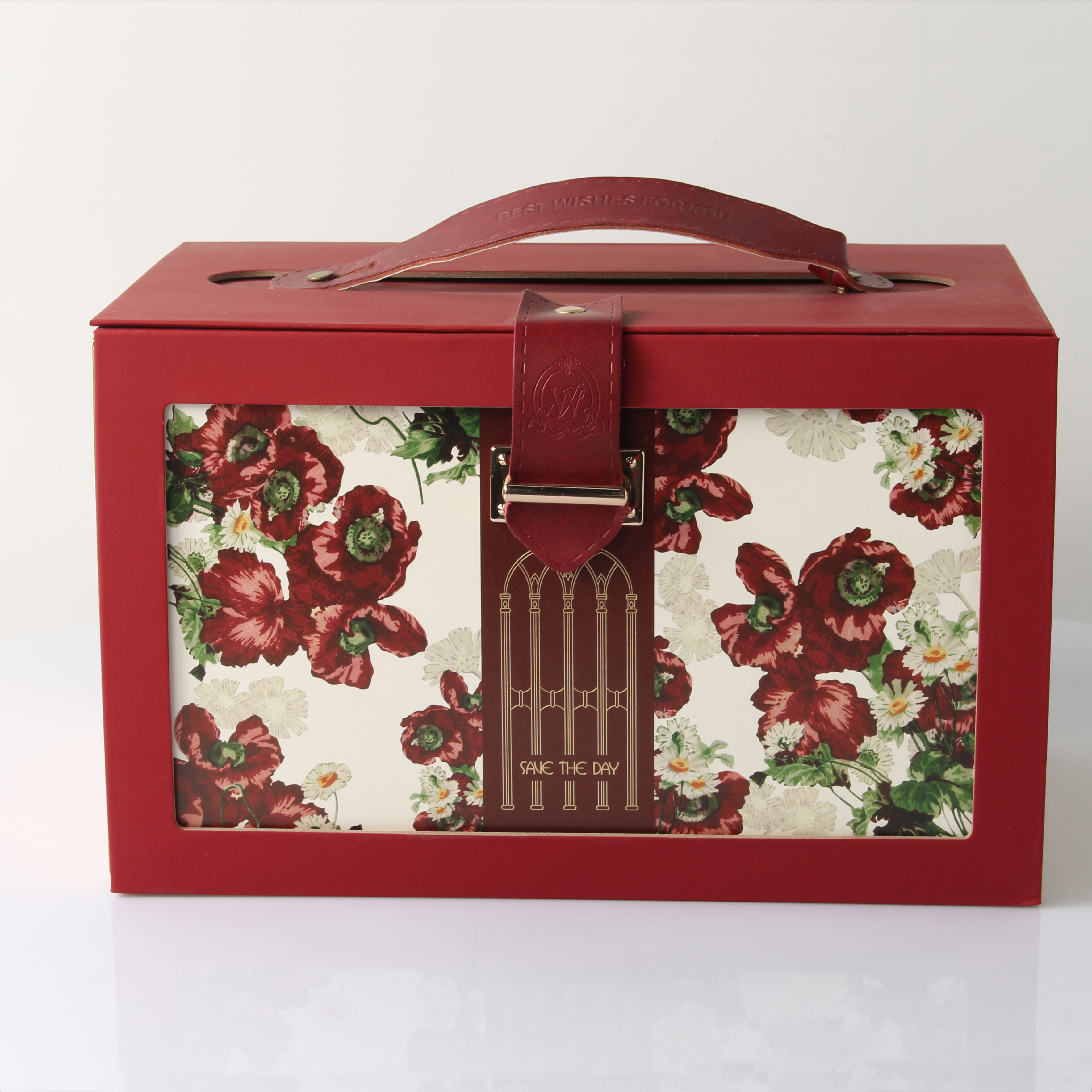 Custom Cosmetic Gift Box Leather Handle & Magnetic Closure Luxury Red Burlap Packaging